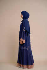 Load image into Gallery viewer, Embellished contrast-color abaya with laser-cut work
