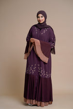 Load image into Gallery viewer, Embellished contrast-color abaya with laser-cut work
