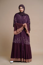 Load image into Gallery viewer, Embellished contrast-color abaya with laser-cut work
