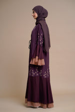 Load image into Gallery viewer, Embellished contrast-color abaya with laser-cut work
