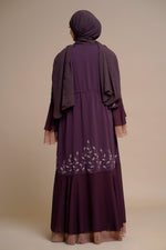 Load image into Gallery viewer, Embellished contrast-color abaya with laser-cut work
