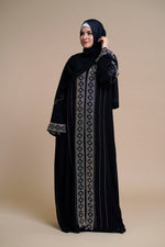 Load image into Gallery viewer, Embellished abaya with intricate front and back detailing. (Black)
