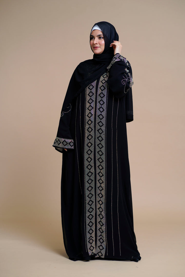 Embellished abaya with intricate front and back detailing. (Black)