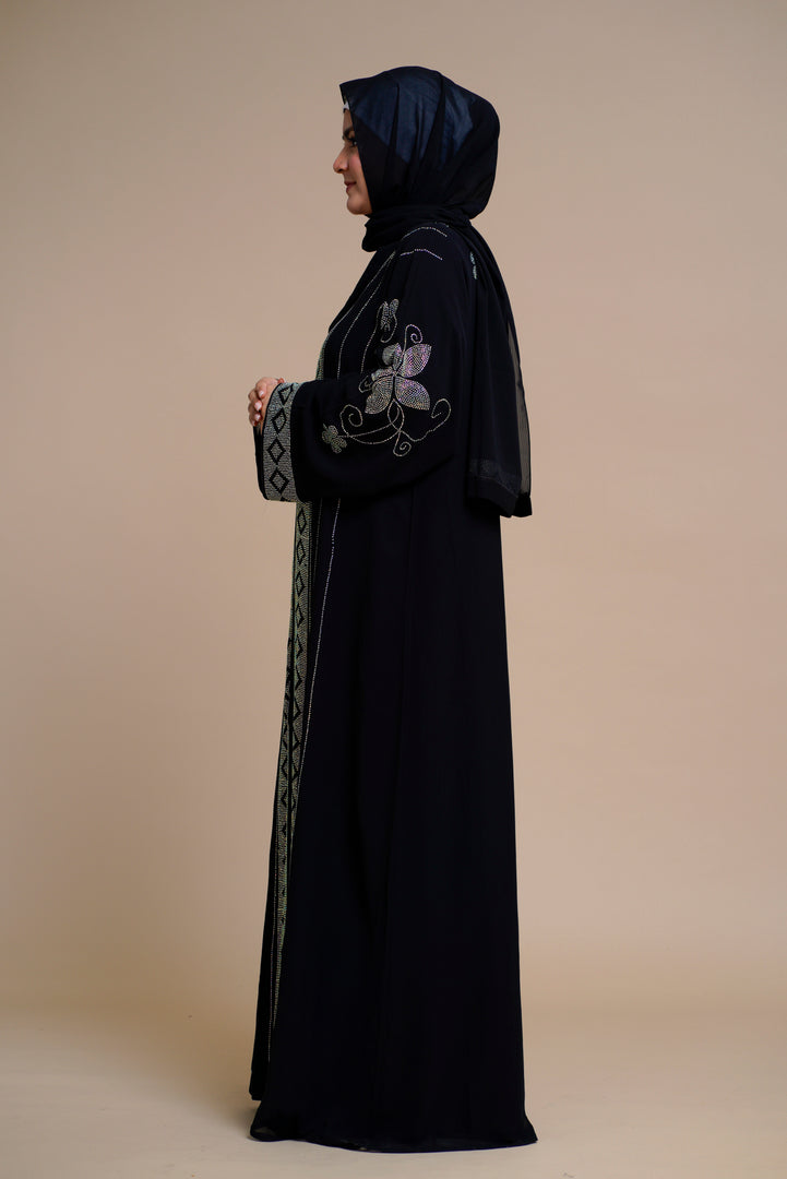 Embellished abaya with intricate front and back detailing. (Black)