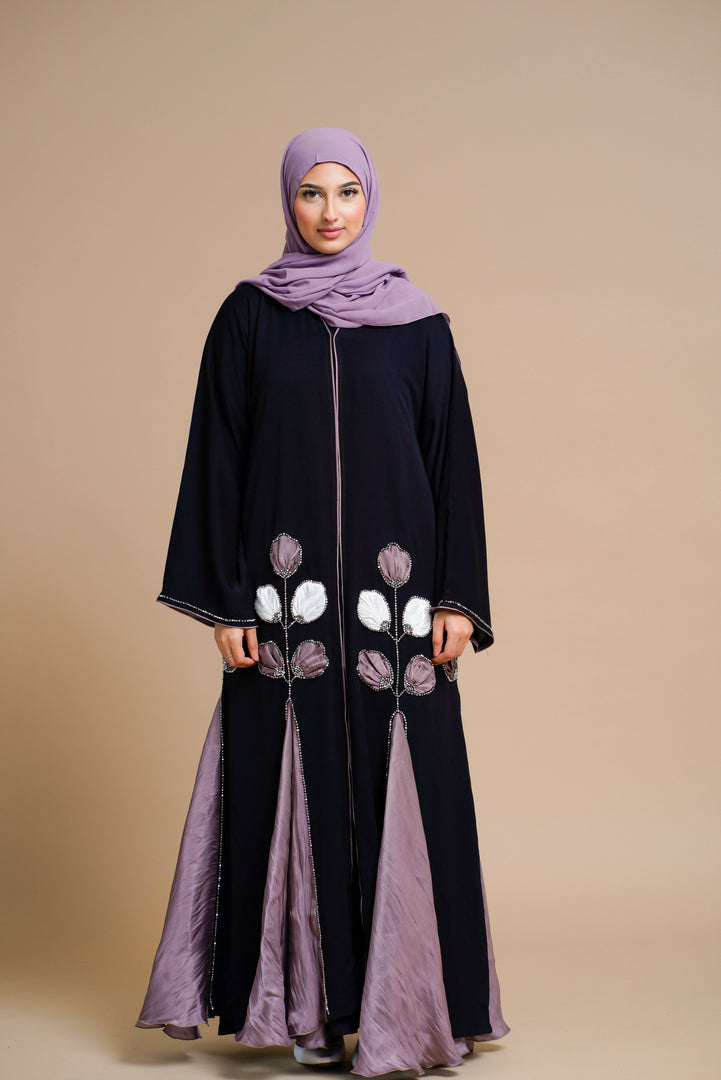 PREMIUM FLORAL DETAILED BLACK OPEN ABAYA WITH ORGANZA PANELS 