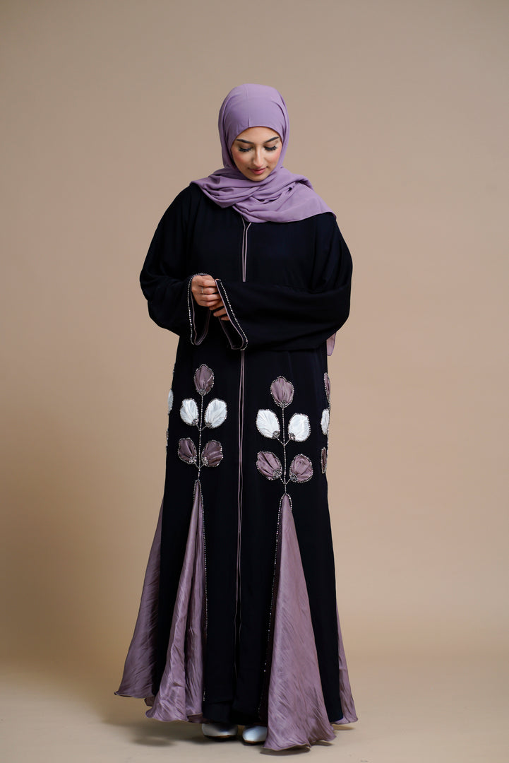 PREMIUM FLORAL DETAILED BLACK OPEN ABAYA WITH ORGANZA PANELS 