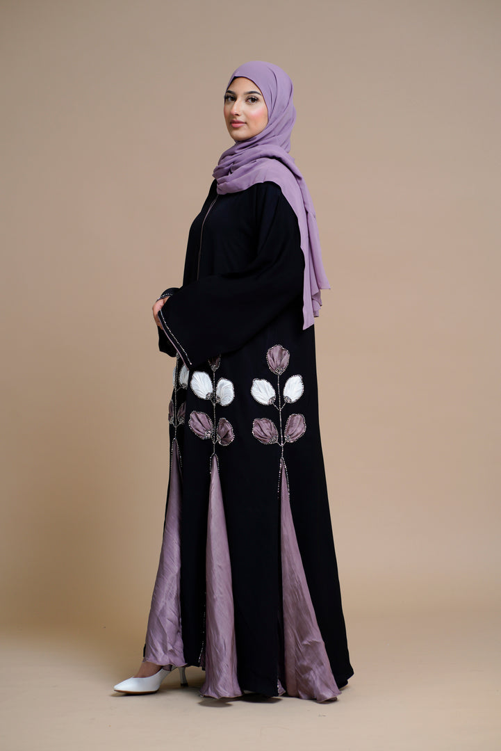 PREMIUM FLORAL DETAILED BLACK OPEN ABAYA WITH ORGANZA PANELS 