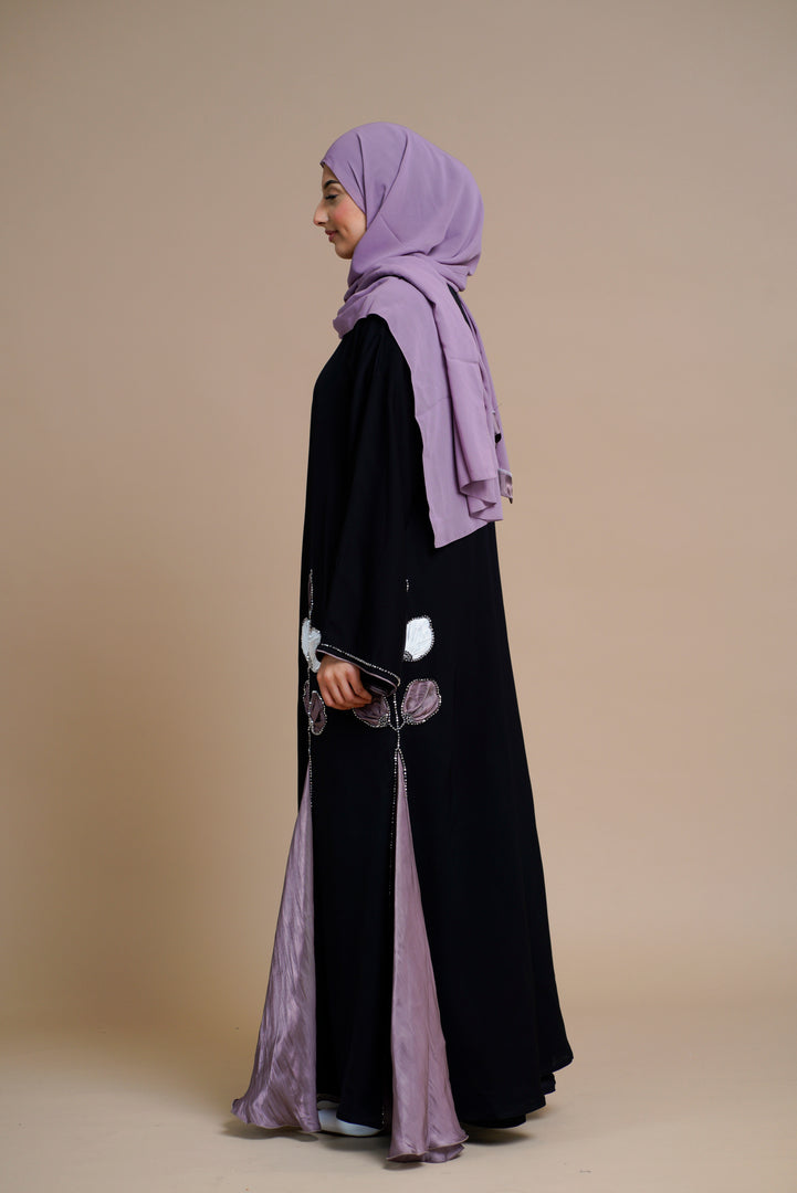 PREMIUM FLORAL DETAILED BLACK OPEN ABAYA WITH ORGANZA PANELS 